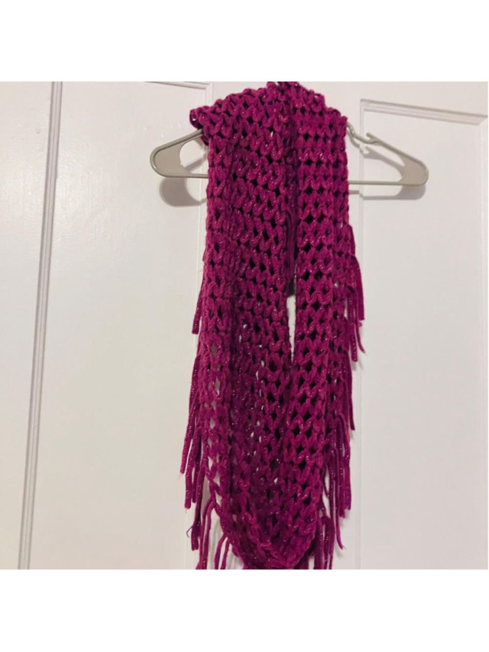 Magenta Pink Metallic Shimmer Knit Fringe Scarf / Cowl (OS)